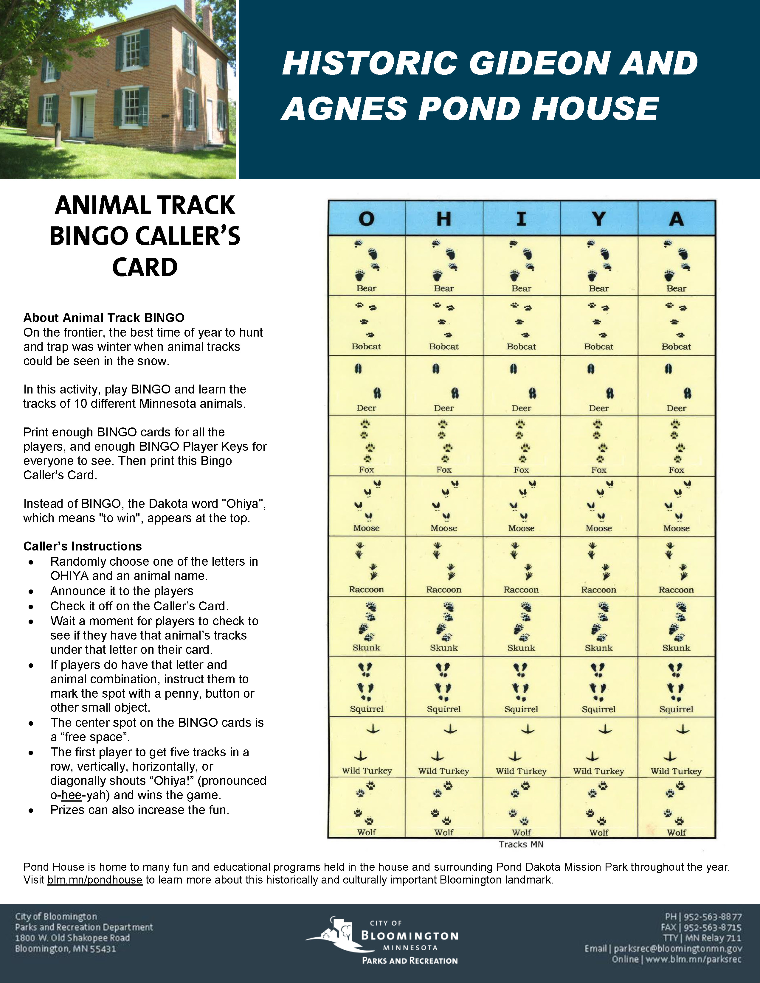 Animal Track Bingo Caller Card