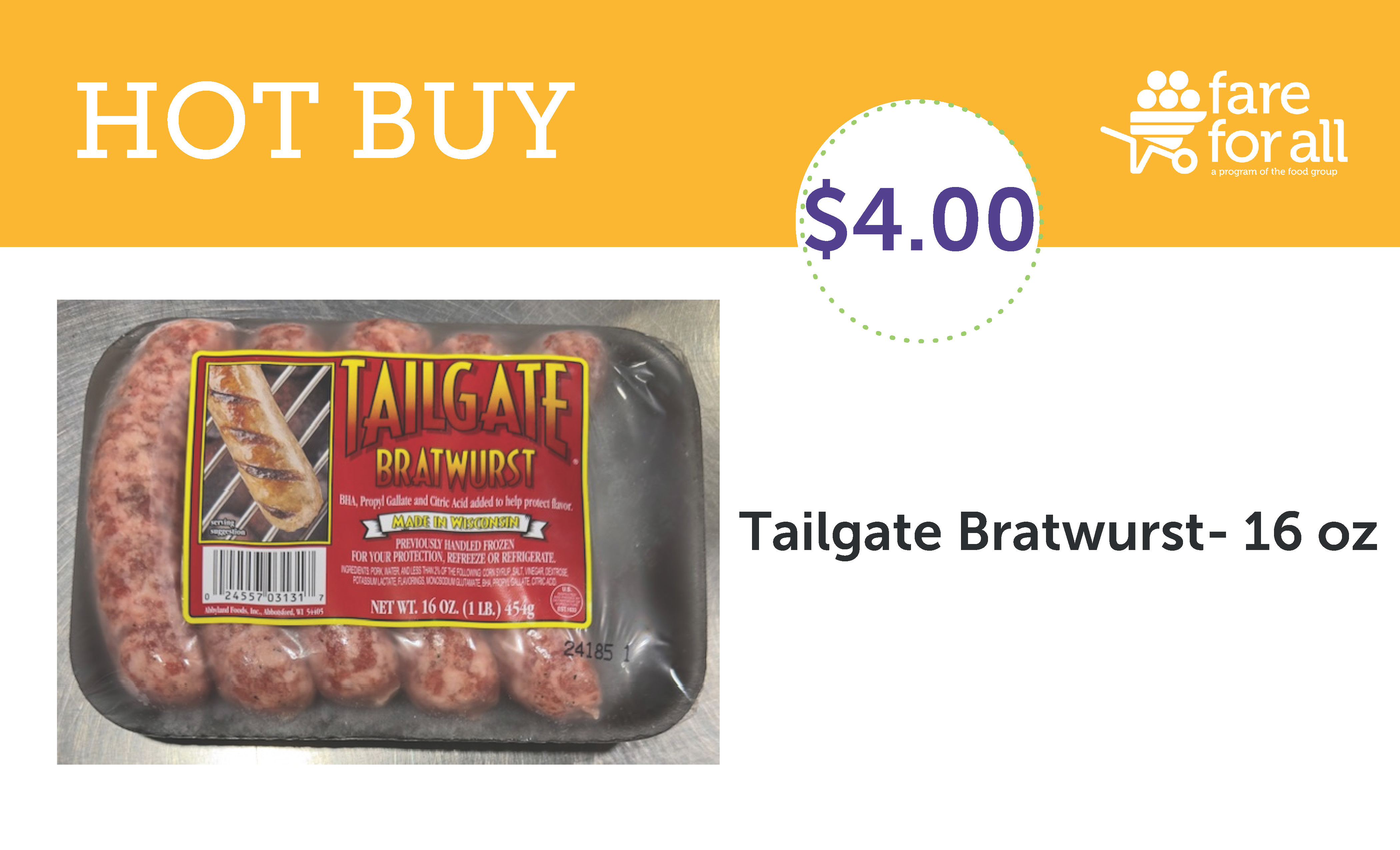 Fare For All Tailgate Brats Hot Buy September 2024