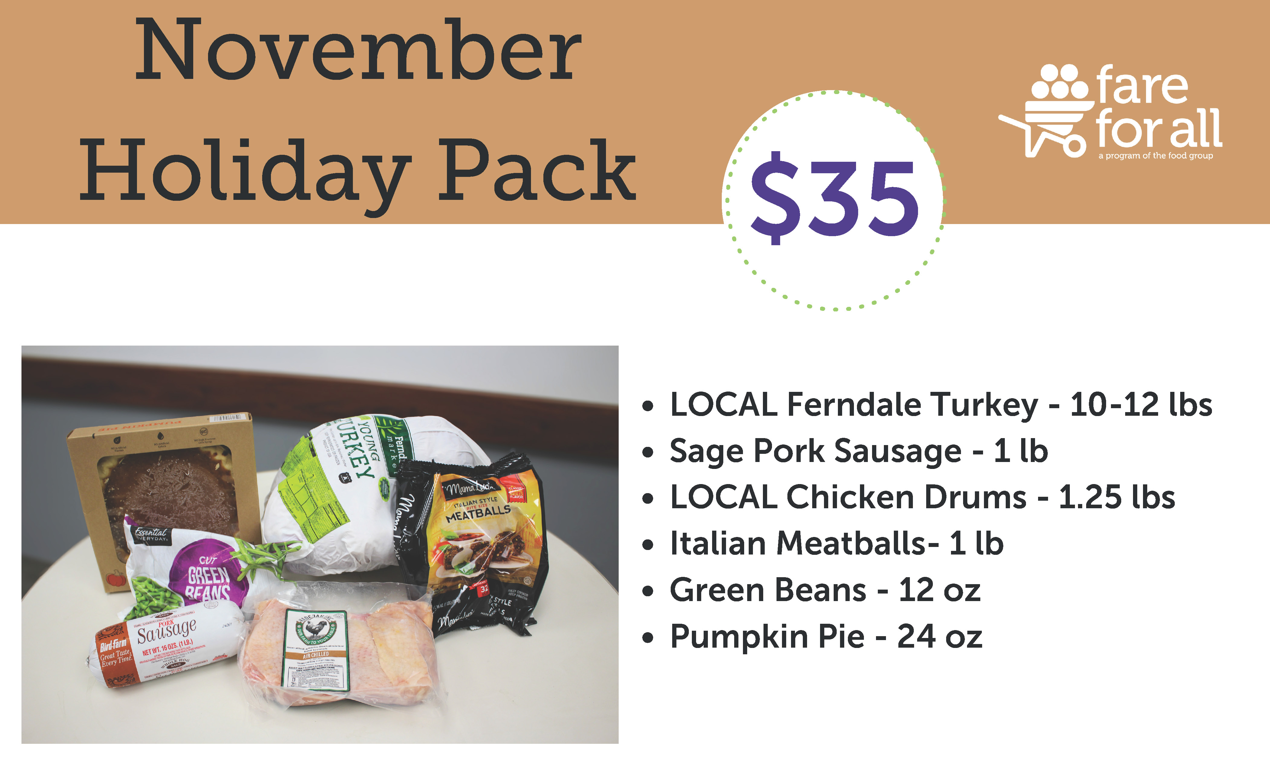 Fare For All Holiday Pack November 2024, turkey, sausage, green beans, pumpkin pie and more