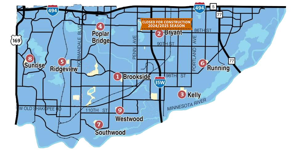 Outdoor Rinks Map with Bryant Construction Notice: 2024-25 Season