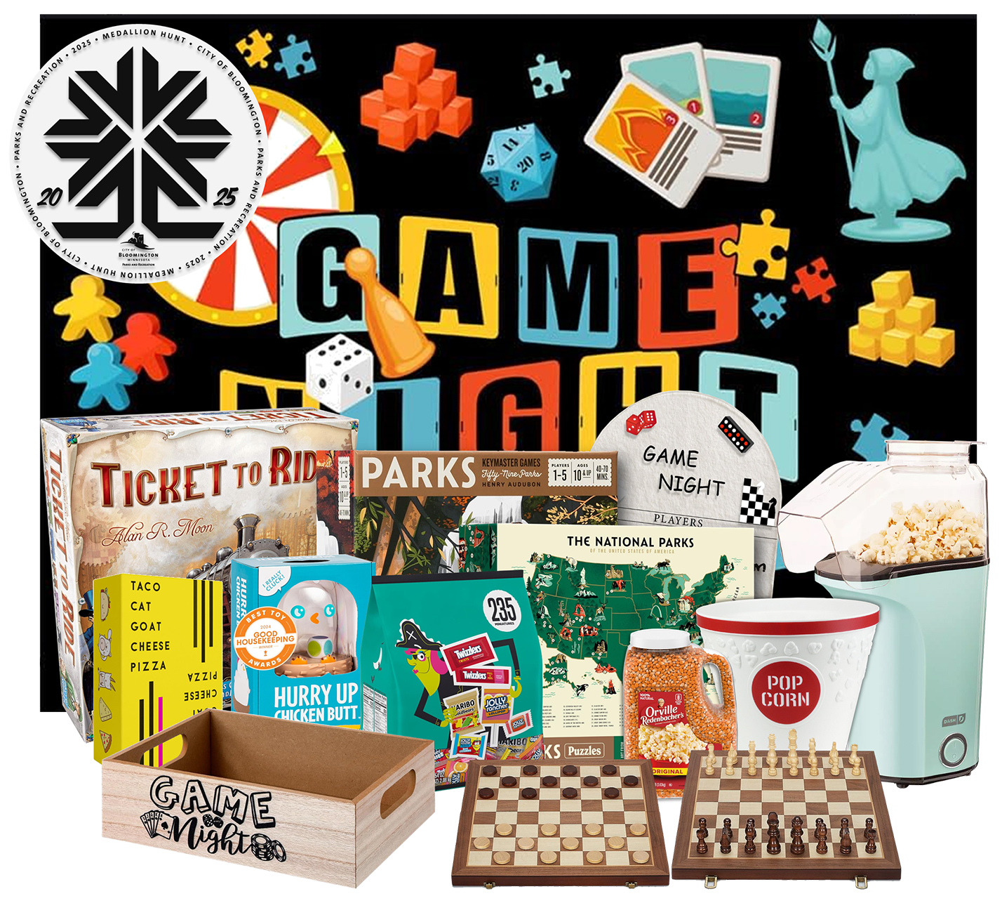 2025 Winter Fete Medallion Hunt prize package with games, popcorn, candy and more