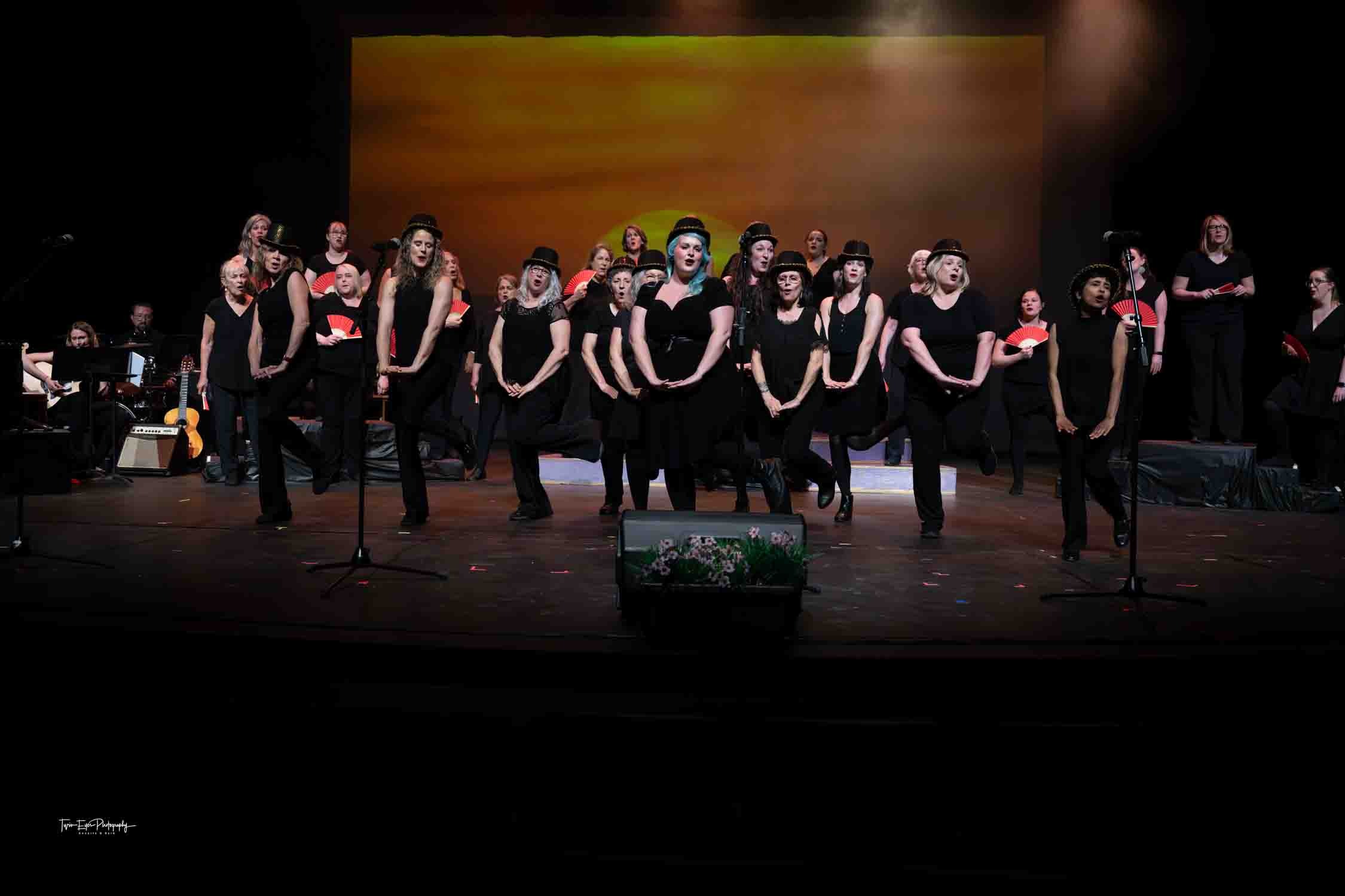 NOTEable singers on stage dancing in costume When Worlds Collide promotional photo