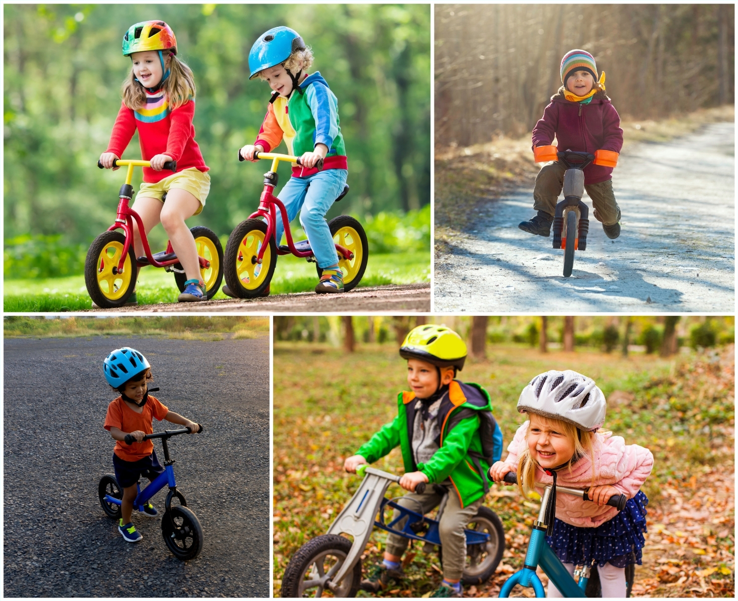 Young kids on balance bikes in different seasons