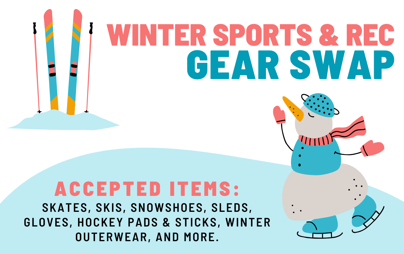 snowman on ice skates, skis and poles in the snow, list of items accepted at the winter sports gear swap