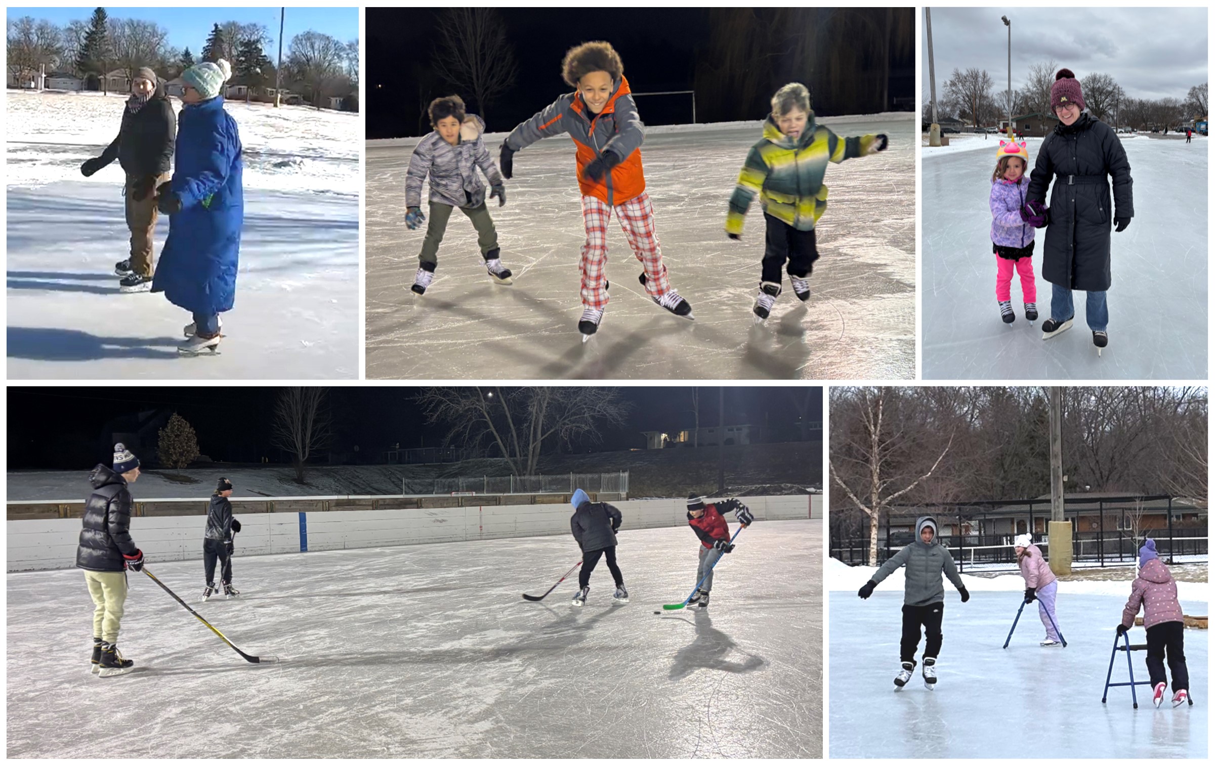 2025 Outdoor Rinks skating photo montage smiling kids, happy parents, learning to skate, hockey