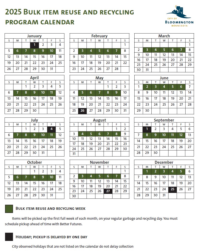 bulky reuse and recycling 2025 collection calendar. call utility billing for details.