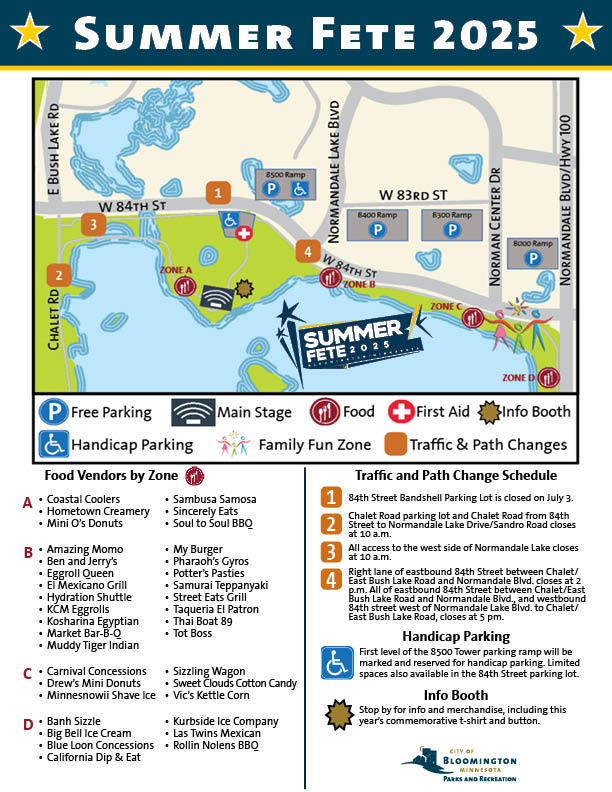 2025 Summer Fete map with four food zones, food vendors listed, directions, street closures, parking and more