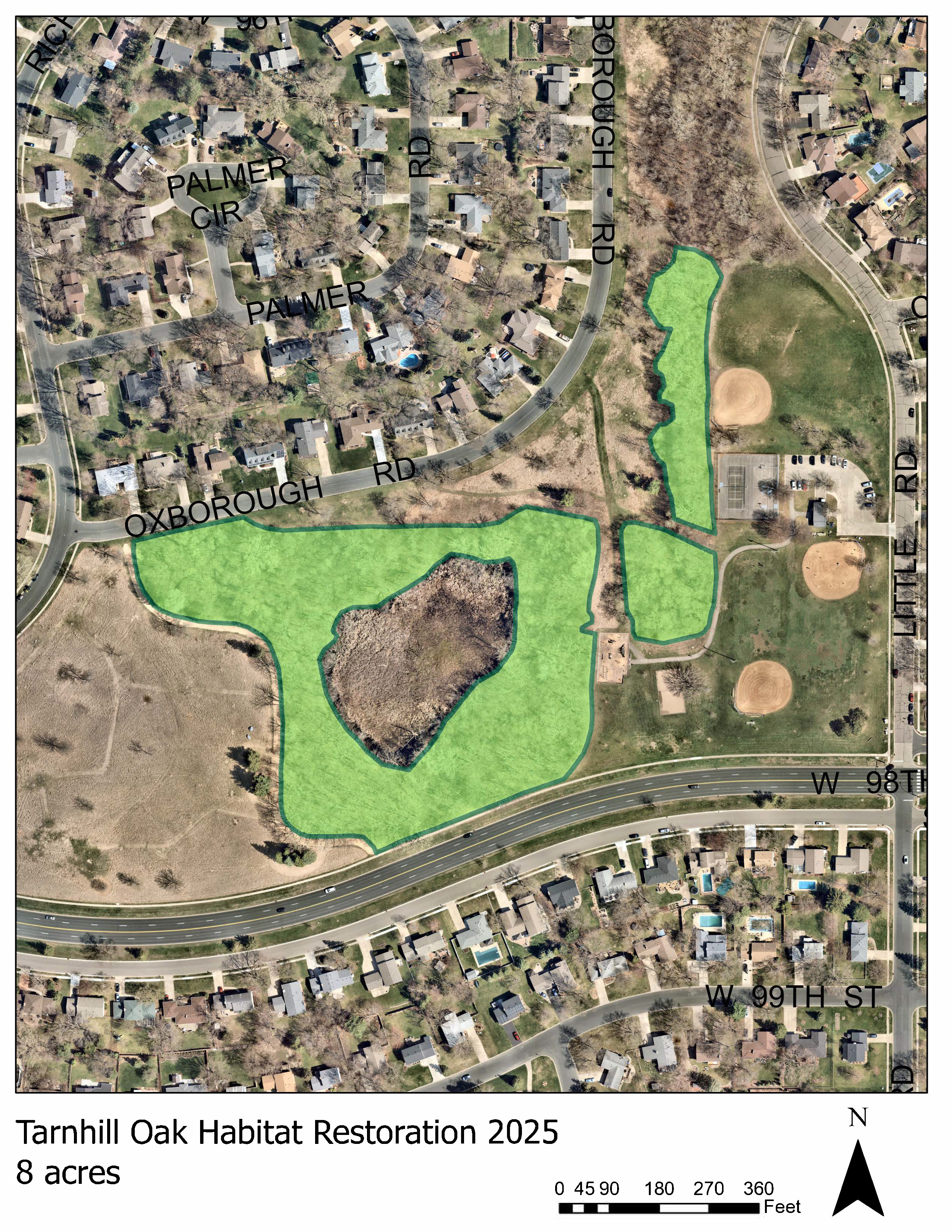 Overhead view of Tarnhill Park with natural restoration project area highlighted in green